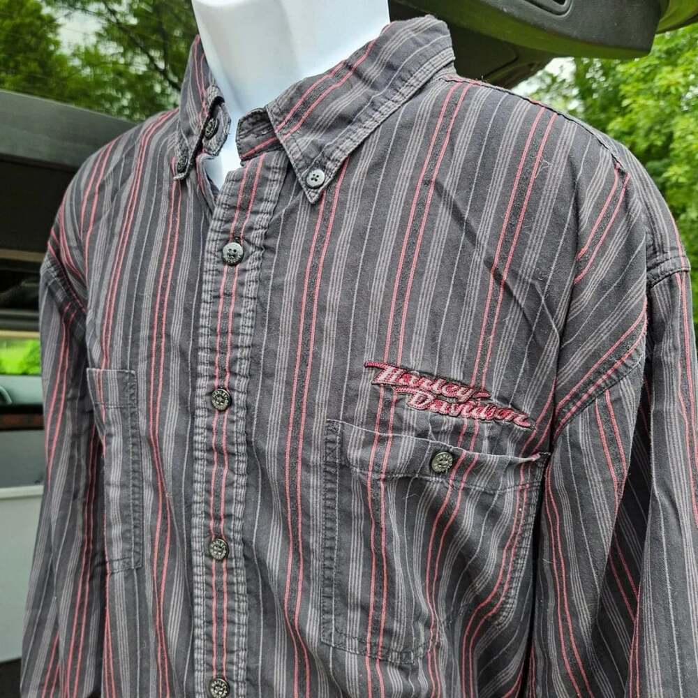 Harley Davidson Mens Black Red Striped Long Sleeve Button-Down Shirt Size 2XL